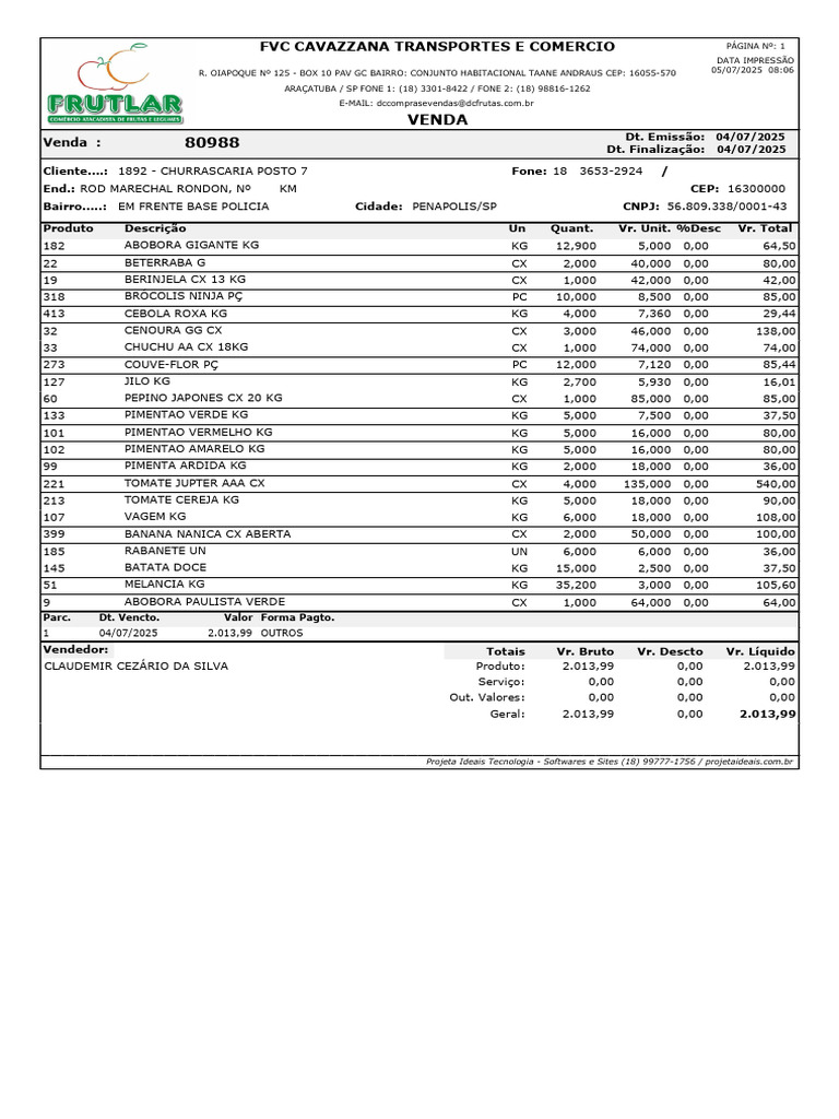 Fatura de Venda - FVC Cavazzana Transportes | PDF