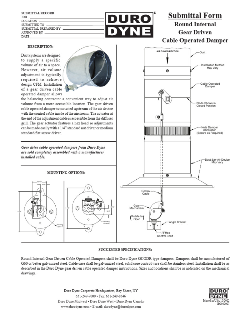Duro Dyne Gear Driven Damper Specs | PDF | Duct (Flow) | Gear