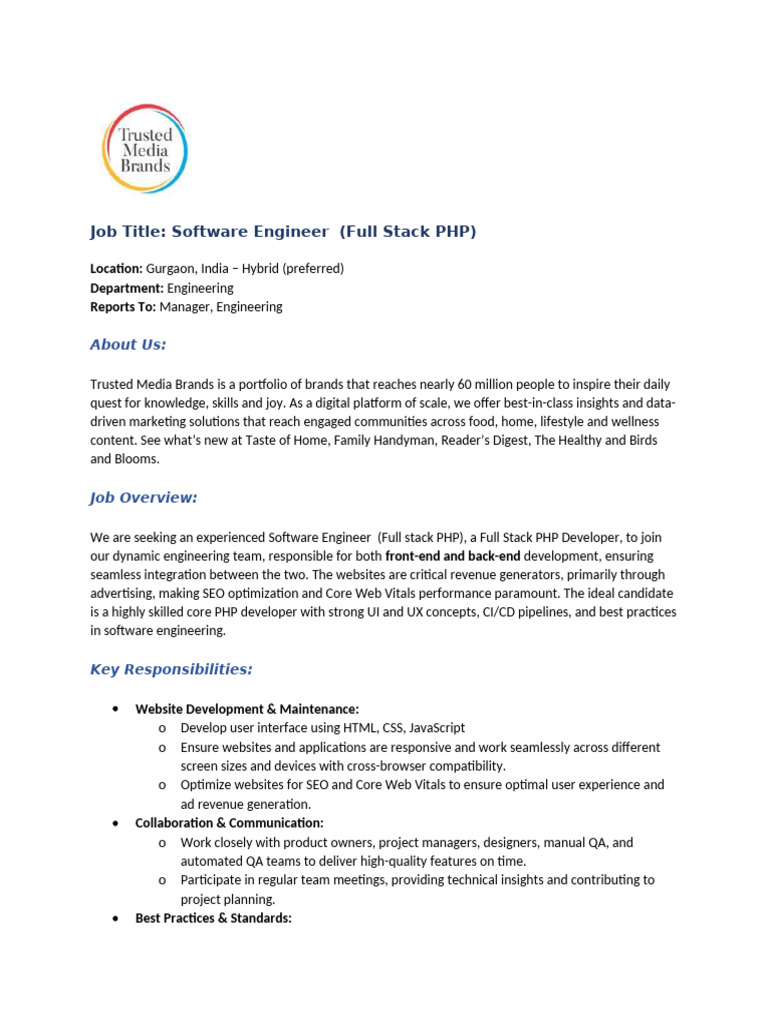 Full Stack PHP Engineer Job in Gurgaon | PDF | Software Development ...