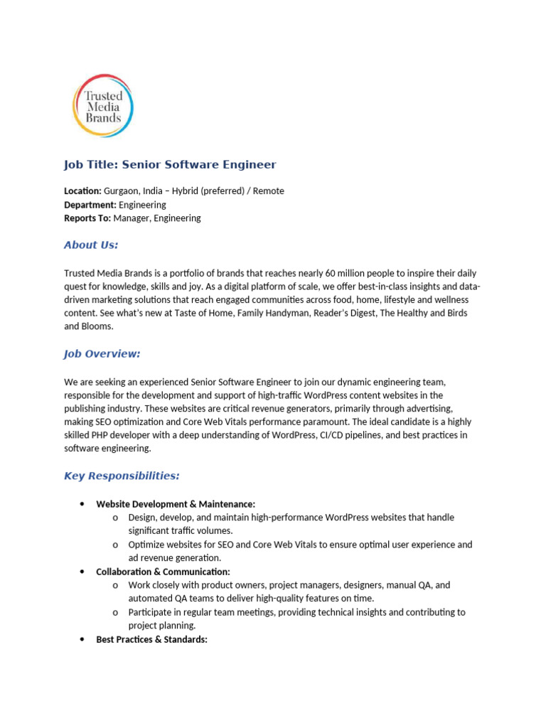 Senior Software Engineer Job in Gurgaon | PDF | Word Press | Web ...