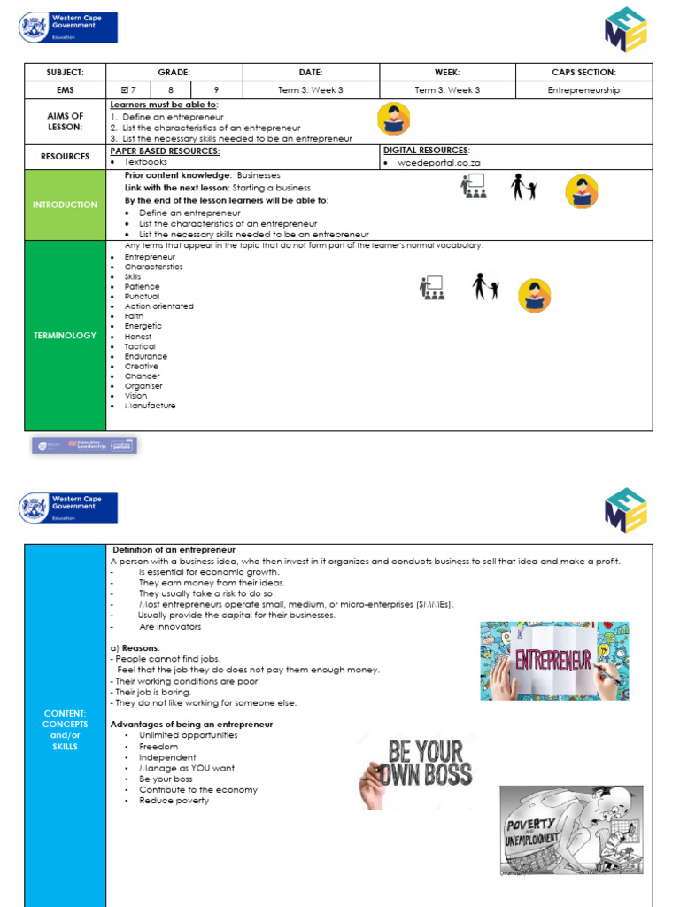 EMS GR 7 Term 3 Week 3 - 090414 | PDF | Entrepreneurship | Learning