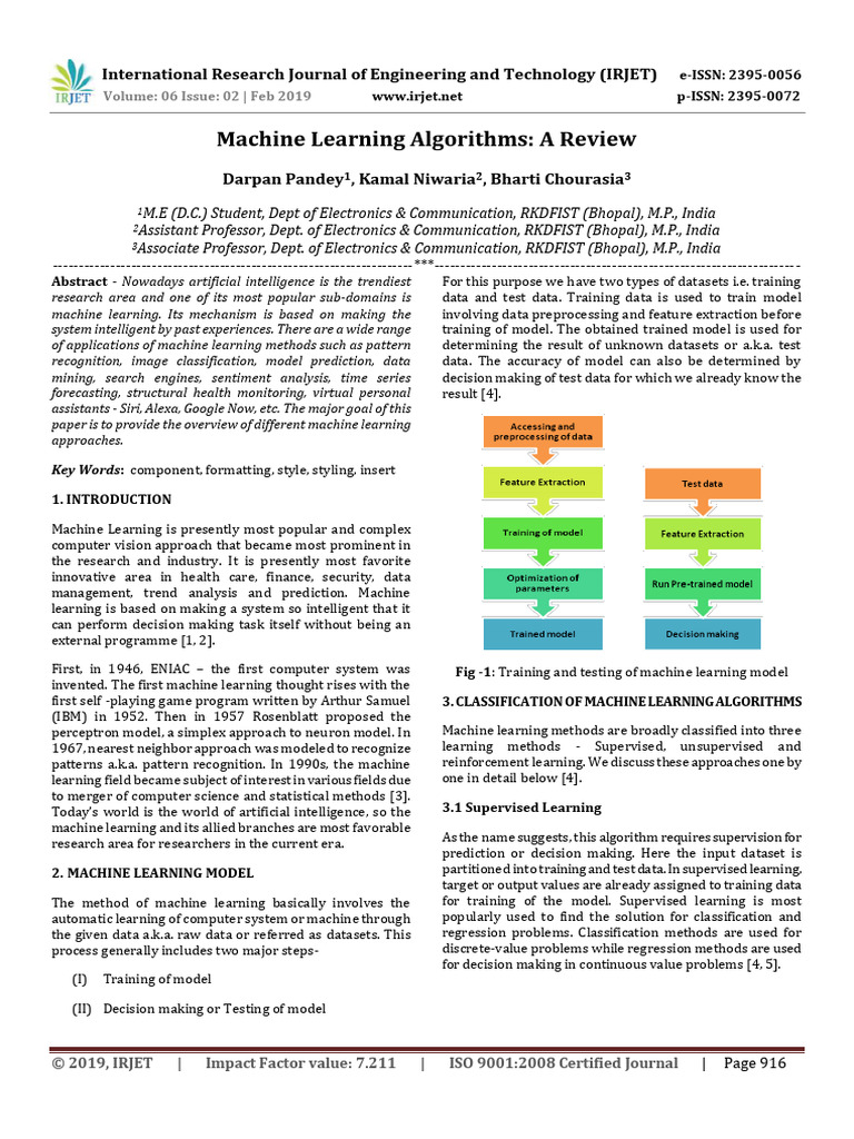 IRJET Machine Learning Algorithms A Revi | PDF | Machine Learning ...