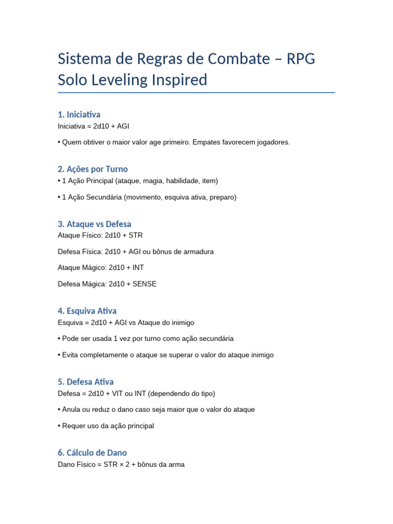 Regras de Combate para RPG Solo Leveling | PDF