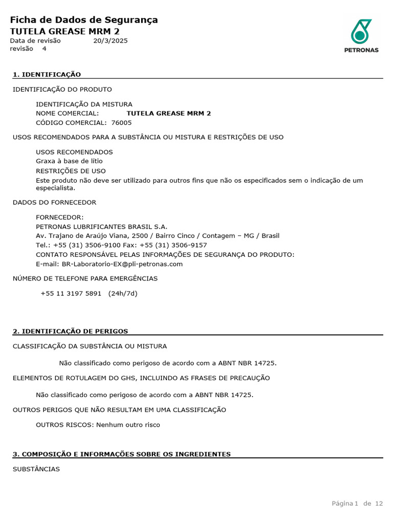 Ficha de Segurança Tutela Grease MRM 2 | PDF | Toxicidade | Química