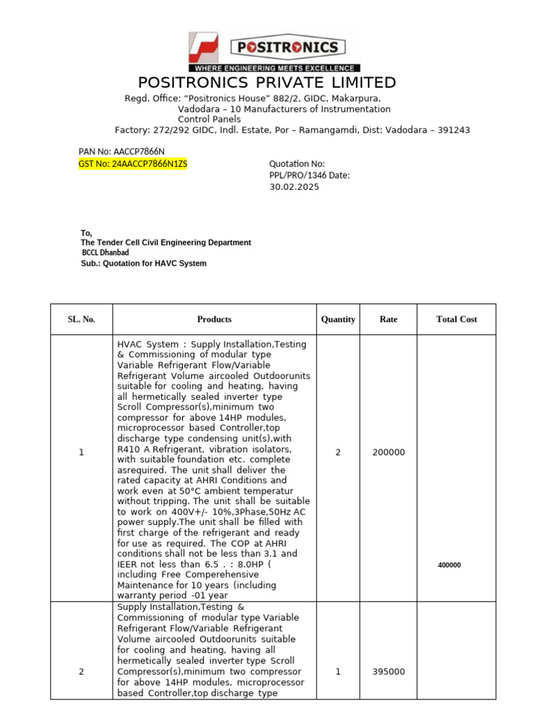 HVAC System Quotation by Positronics | PDF | Air Conditioning ...