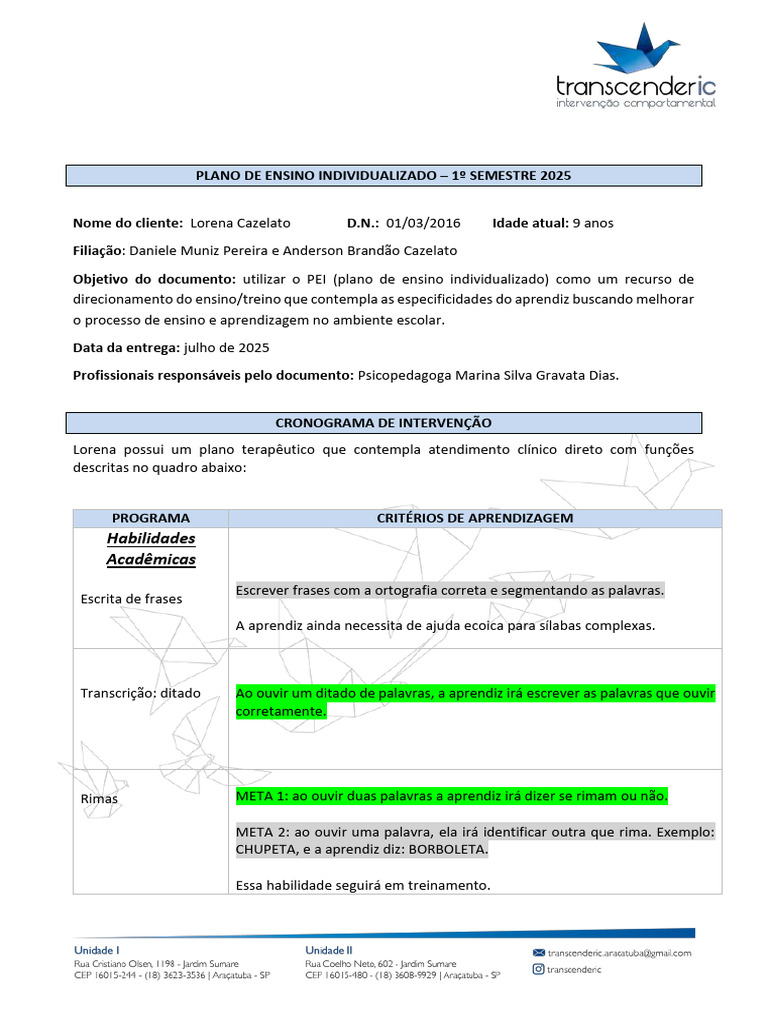 Plano de Ensino Individualizado 2025 | PDF | Aprendizado