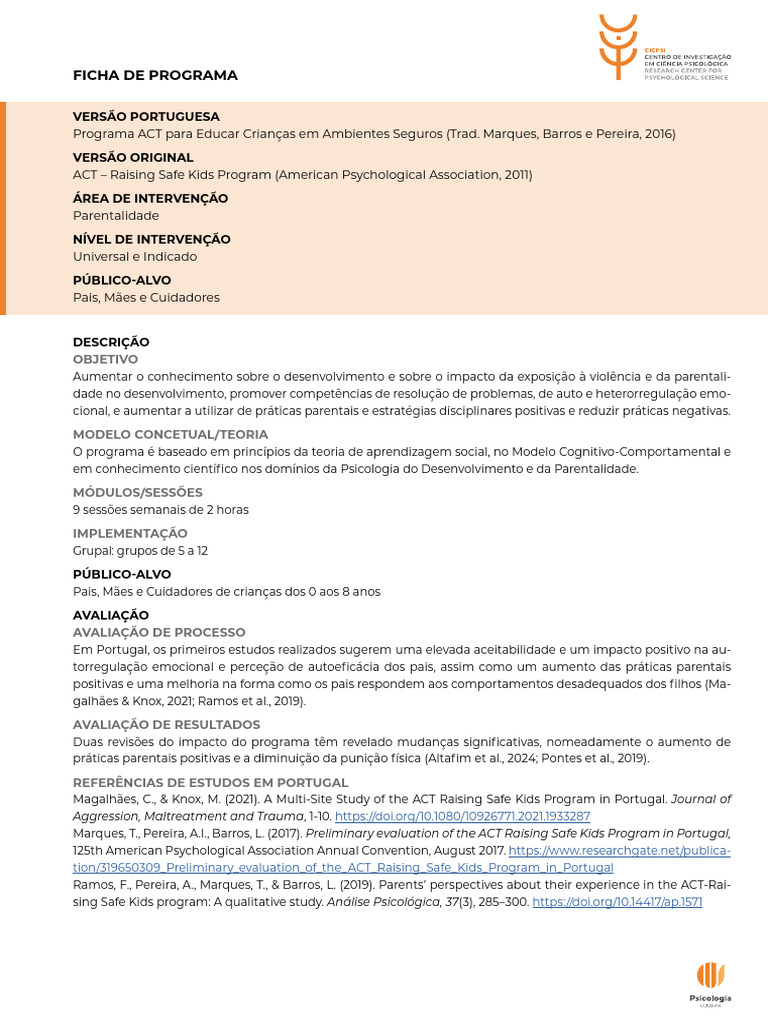 Programa ACT para Pais e Cuidadores | PDF | Psicologia do ...