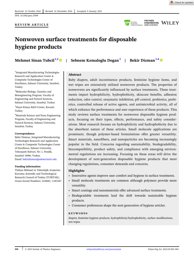 Nonwoven Treatments for Hygiene Products | PDF | Nonwoven Fabric ...