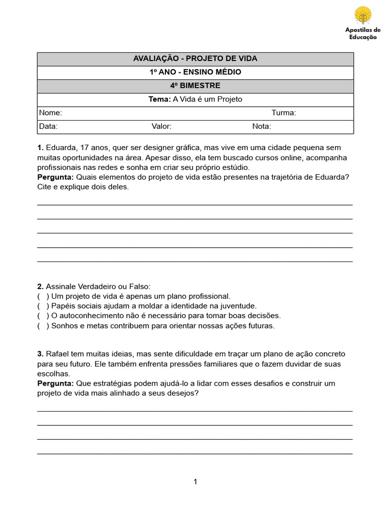 Avaliação do Projeto de Vida no Ensino Médio | PDF | Vida | Família