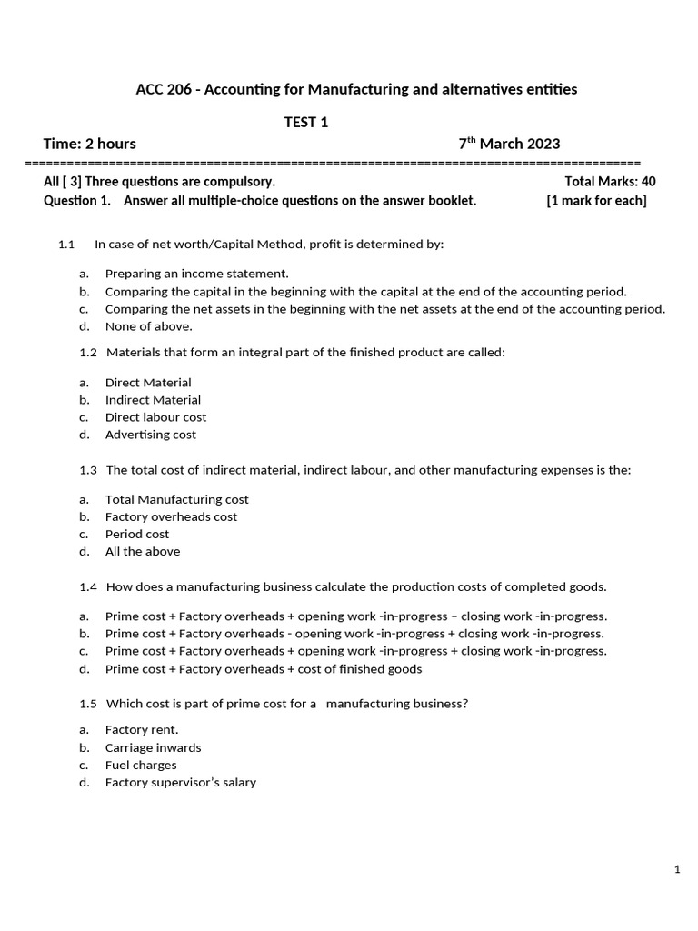ACC 206 Test 1 Marking Key - 2023 Final | PDF | Expense | Cost Of Goods ...