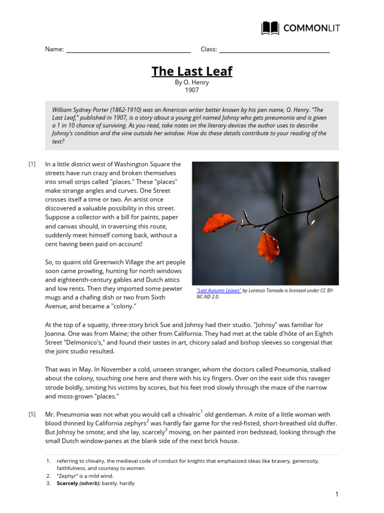 The Last Leaf by O. Henry: Summary & Analysis | PDF
