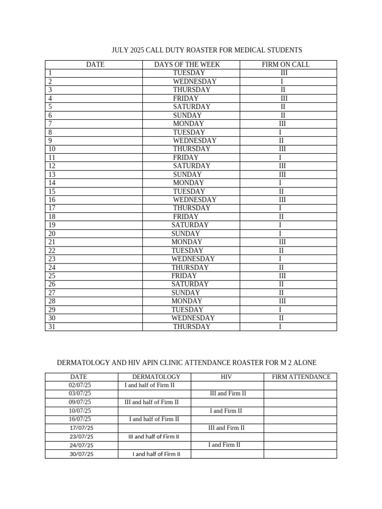 July 2025 Medical Student Call Schedule | PDF