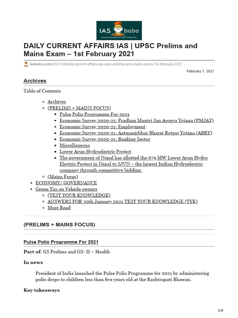 DAILY CURRENT AFFAIRS IAS UPSC Prelims and Mains Exam 1st February 2021 ...