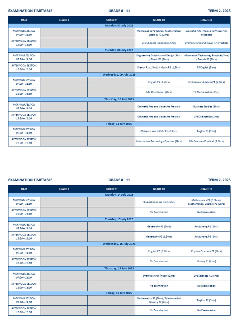 Grade 8 Exam Timetable 2025 | PDF