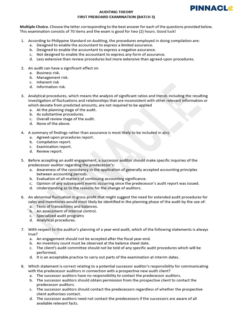 Auditing Theory Preboard Exam Questions | PDF | Internal Control | Audit