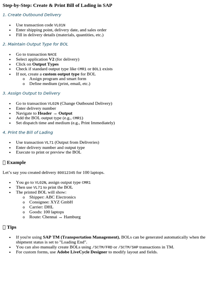 Create & Print Bill of Lading in SAP | PDF