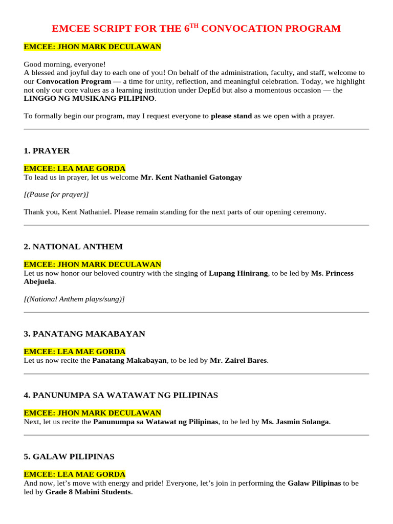Emcee Script For The 6th Convocation Program | PDF