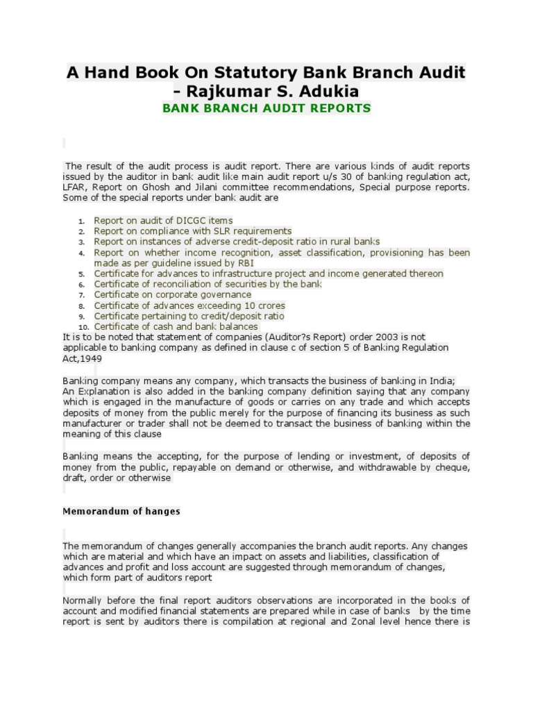 Branch Audit Handbook Audit Auditor S Report