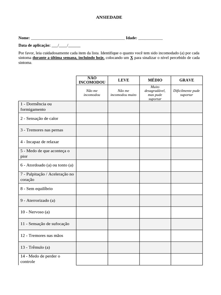 Avaliação de Sintomas de Ansiedade | PDF | Doenças e distúrbios humanos ...