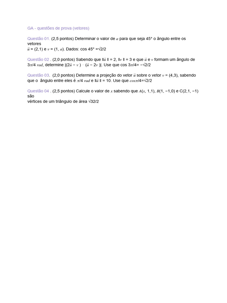 Questões de Prova sobre Vetores GA | PDF