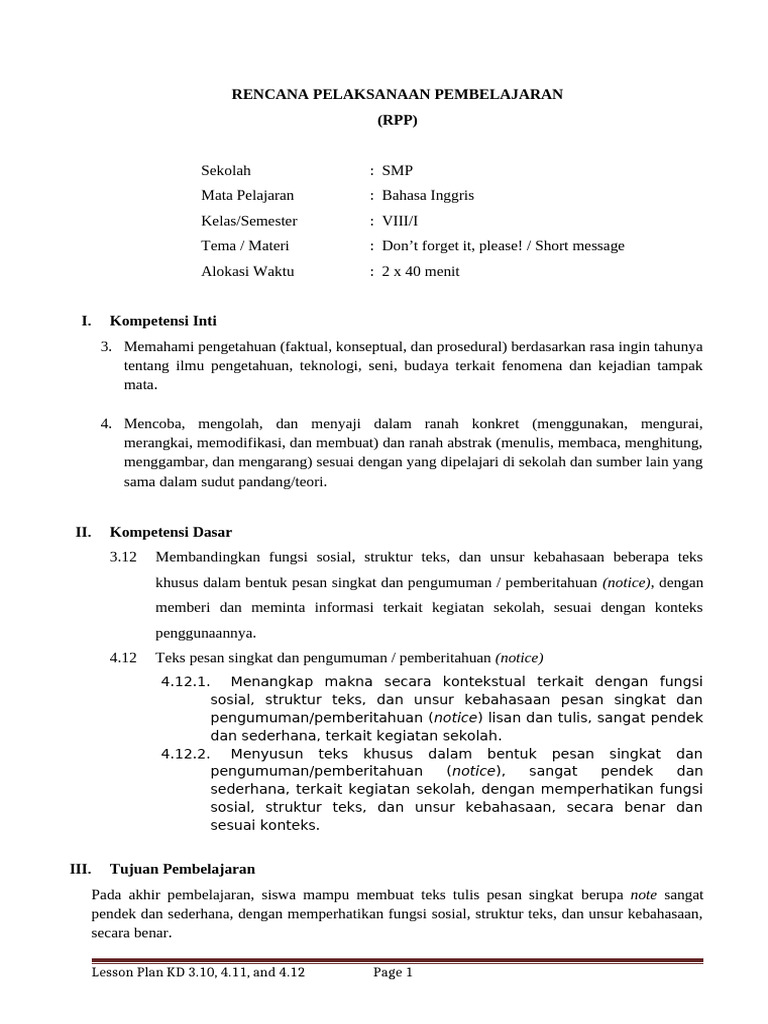 RPP Bahasa Inggris: Pesan Singkat SMP | PDF