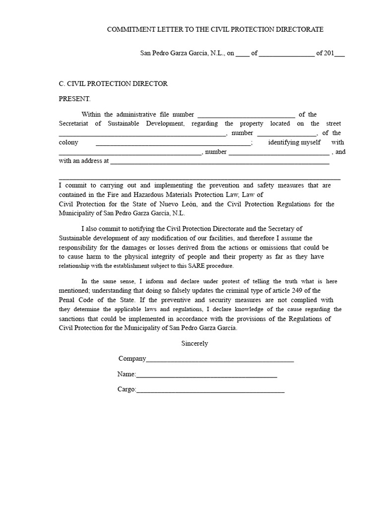 Commitment Letter for Civil Protection Compliance | PDF