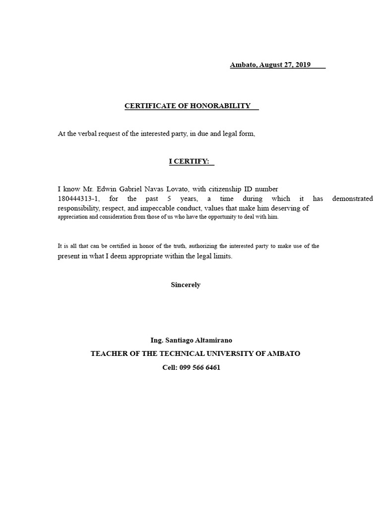 Certificate of Honorability for Edwin Navas | PDF