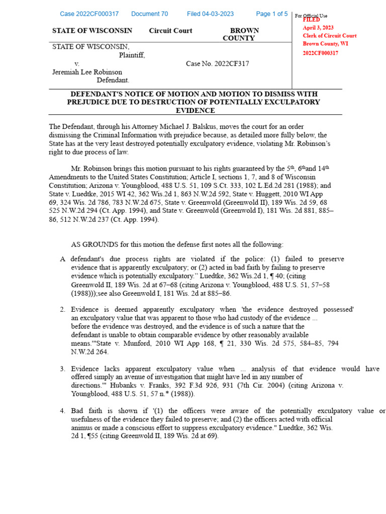 Motion to Dismiss for Evidence Destruction | PDF | Brady V. Maryland ...