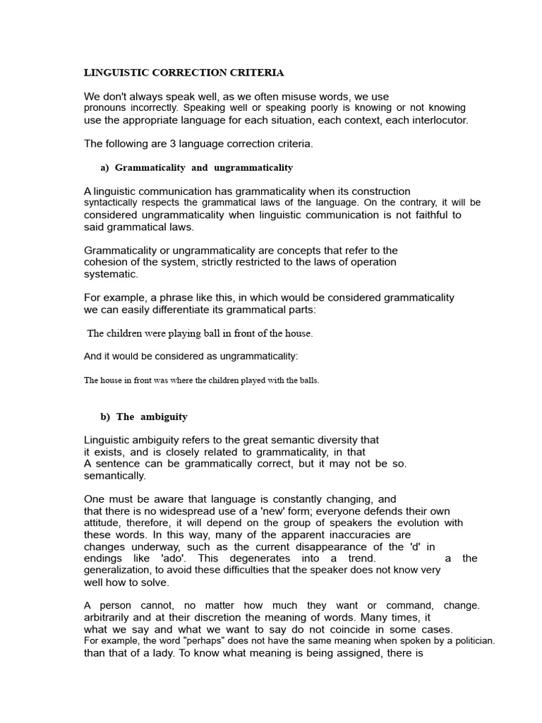 Criteria For Linguistic Correction | PDF | Semantics | Ambiguity