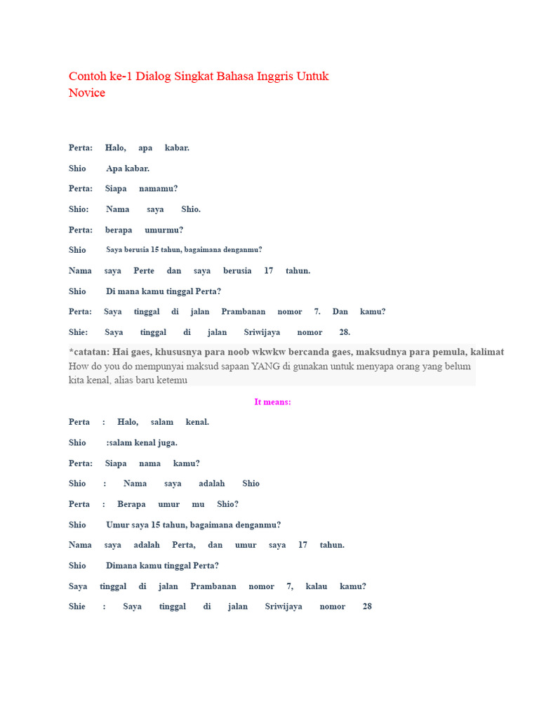 Dialog Singkat Bahasa Inggris untuk Pemula | PDF