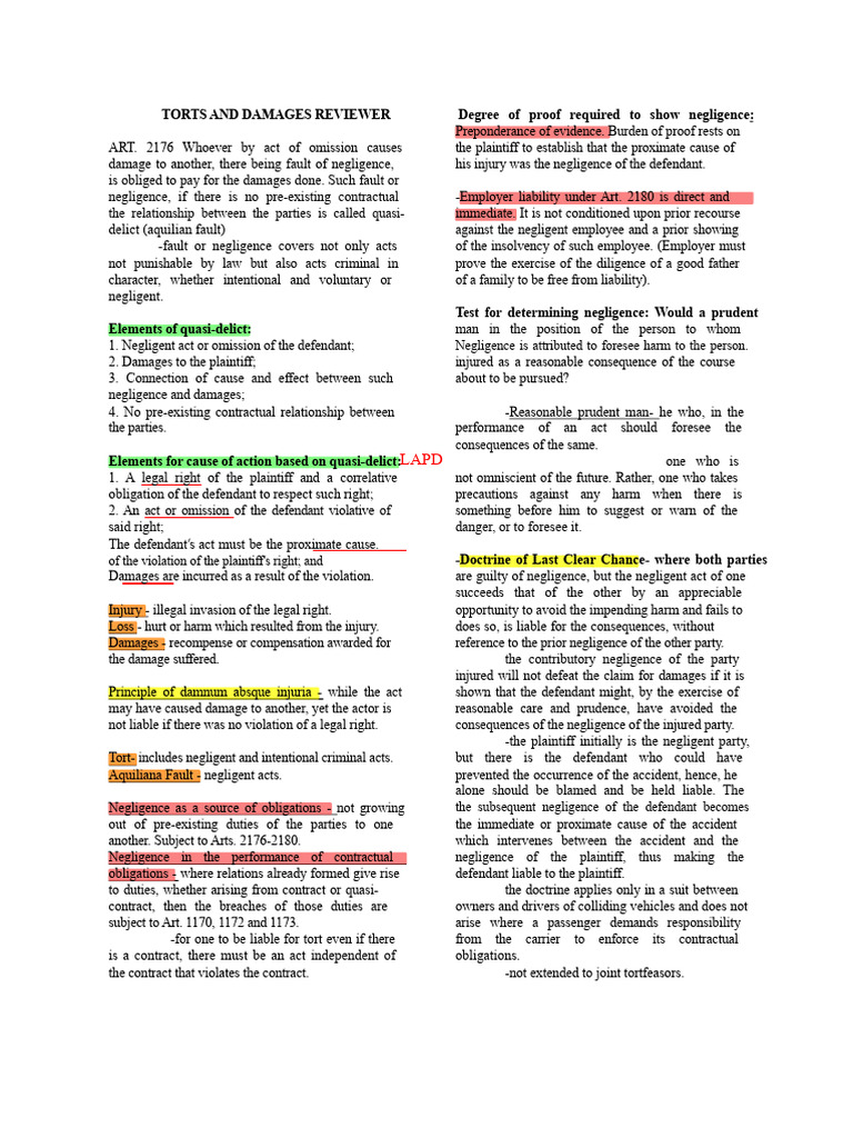 Torts and Damages: Negligence Overview | PDF | Negligence | Tort