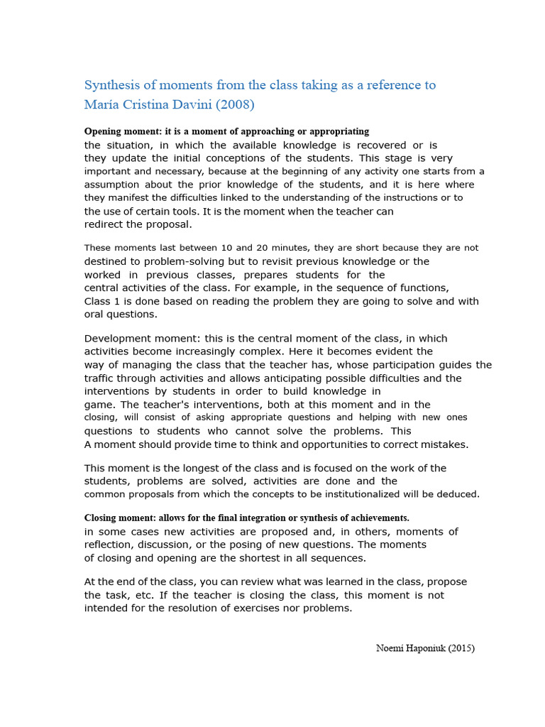Summary of Moments From The Class Referencing María Cristina Davini. | PDF