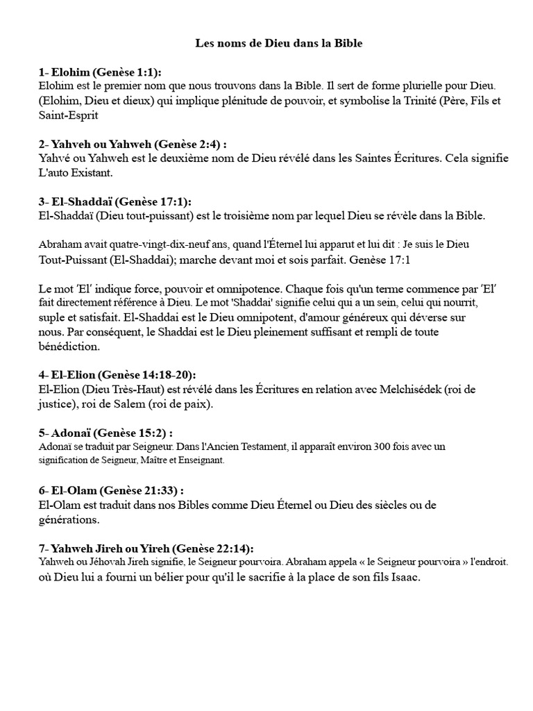 Signification des noms de Dieu dans la Bible | PDF | Dénomination de ...