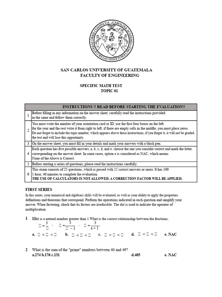 San Carlos University Math Test Guide | PDF | Numbers | Mathematics