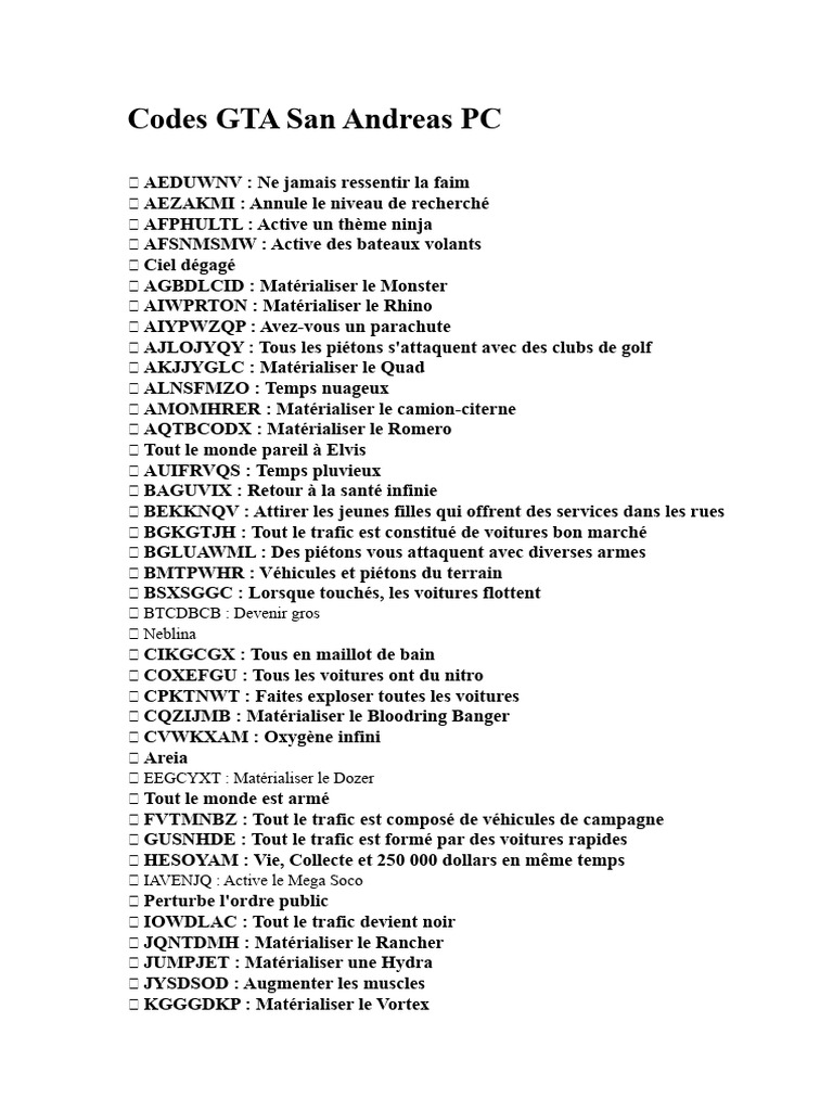 Codes de triche GTA San Andreas PC | PDF