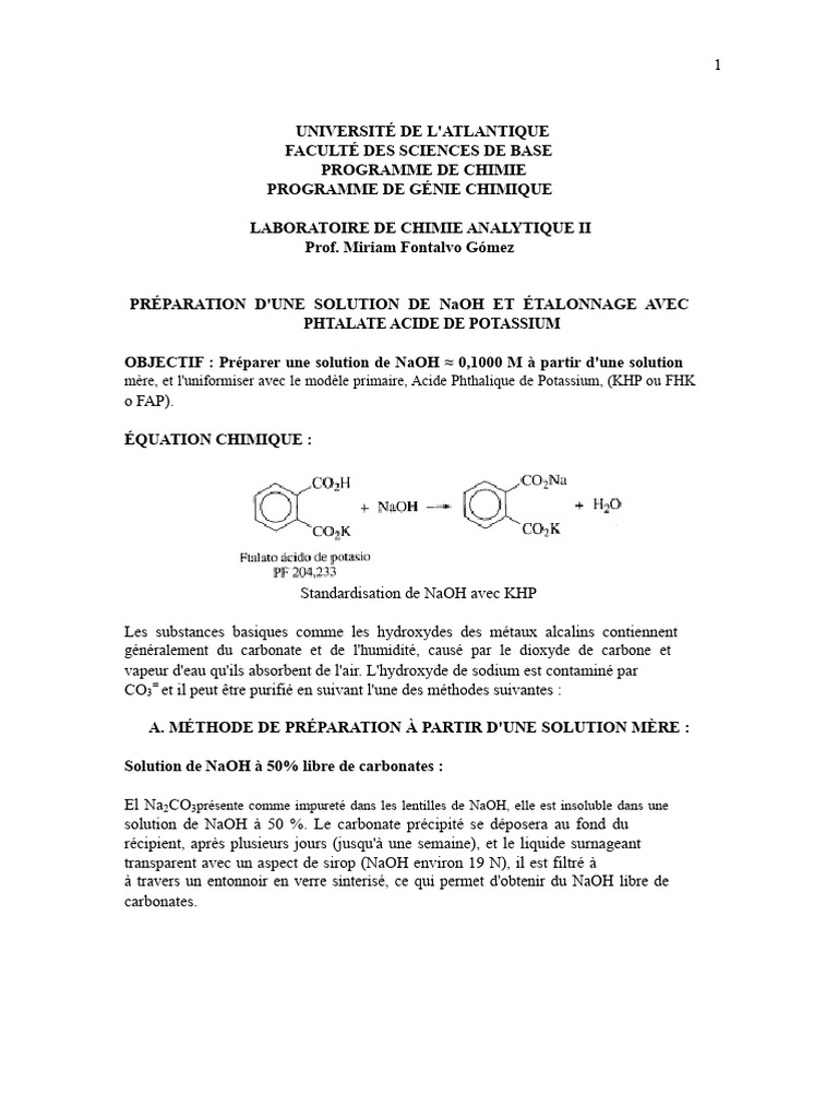 Préparation et standardisation de NaOH | PDF | Hydroxyde de sodium ...