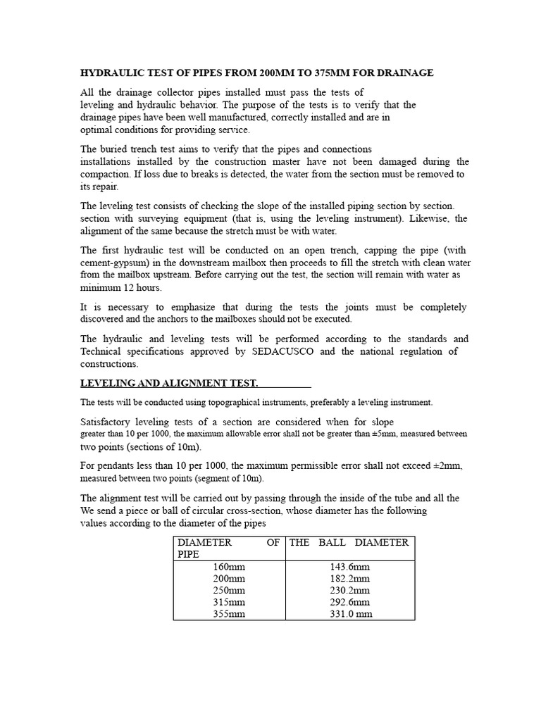 Hydraulic Test of Pipes From 200MM To 375MM For Drainage | PDF