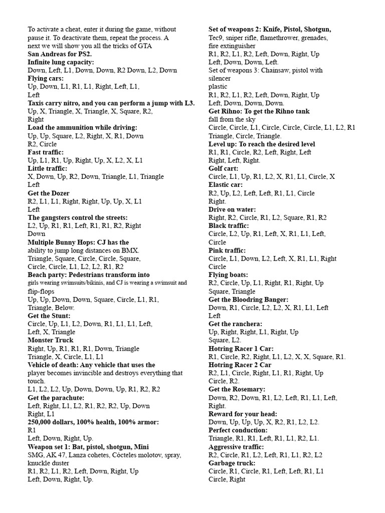 GTA San Andreas PS2 Cheat Codes Guide | PDF | Firearms | Projectile Weapons