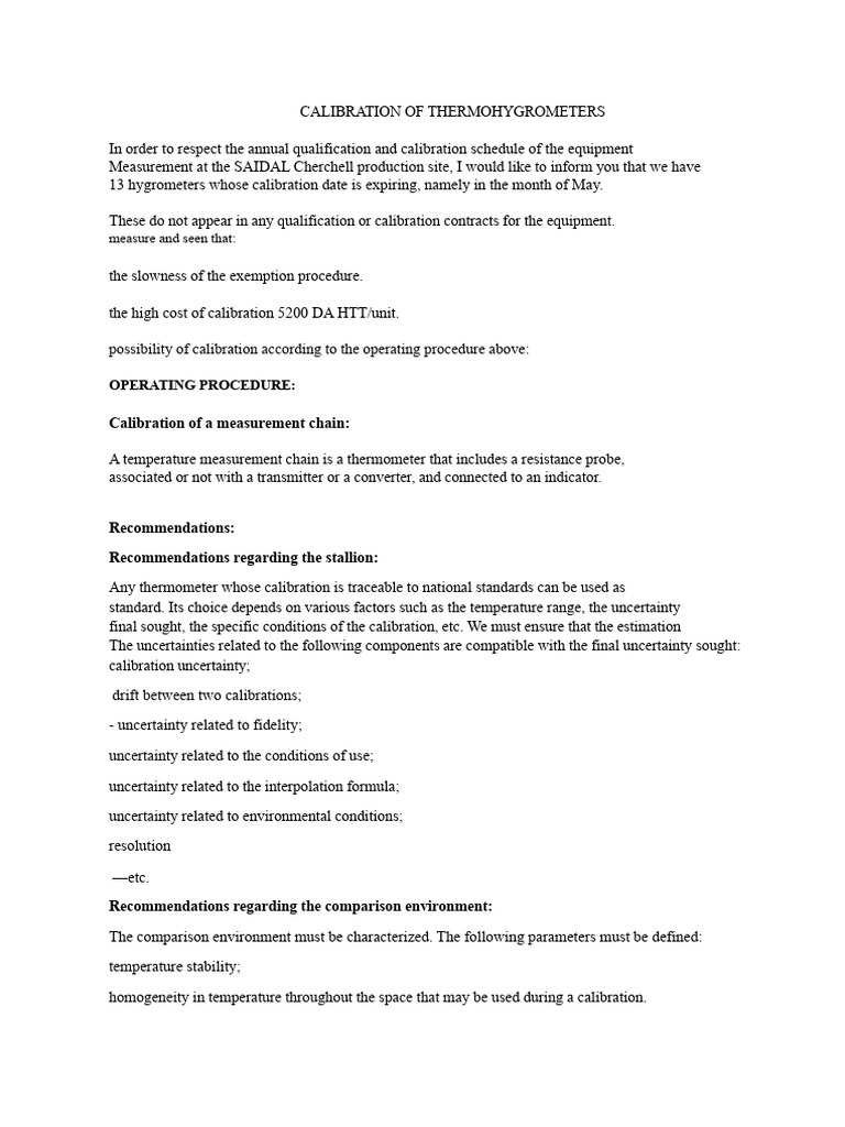 Thermohygrometer Calibration Protocol | PDF | Calibration | Uncertainty