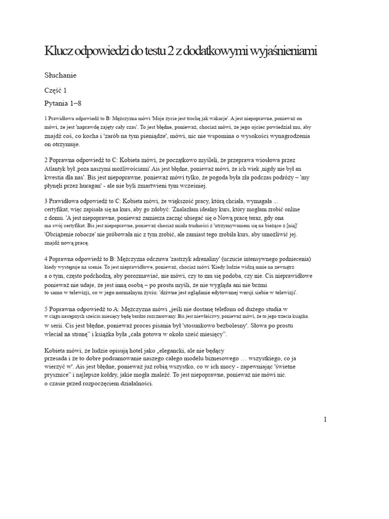B2 First 4, Test 2 Klucz Odpowiedzi, Słuchanie | PDF