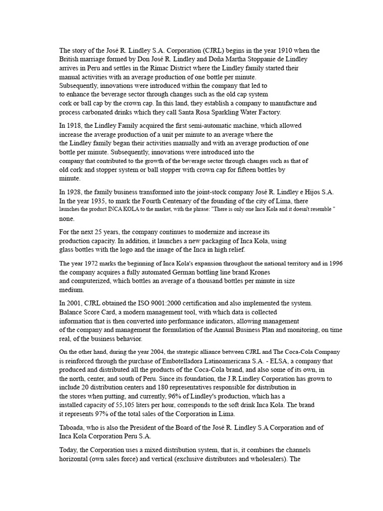 History of José R. Lindley S.A. Corporation | PDF