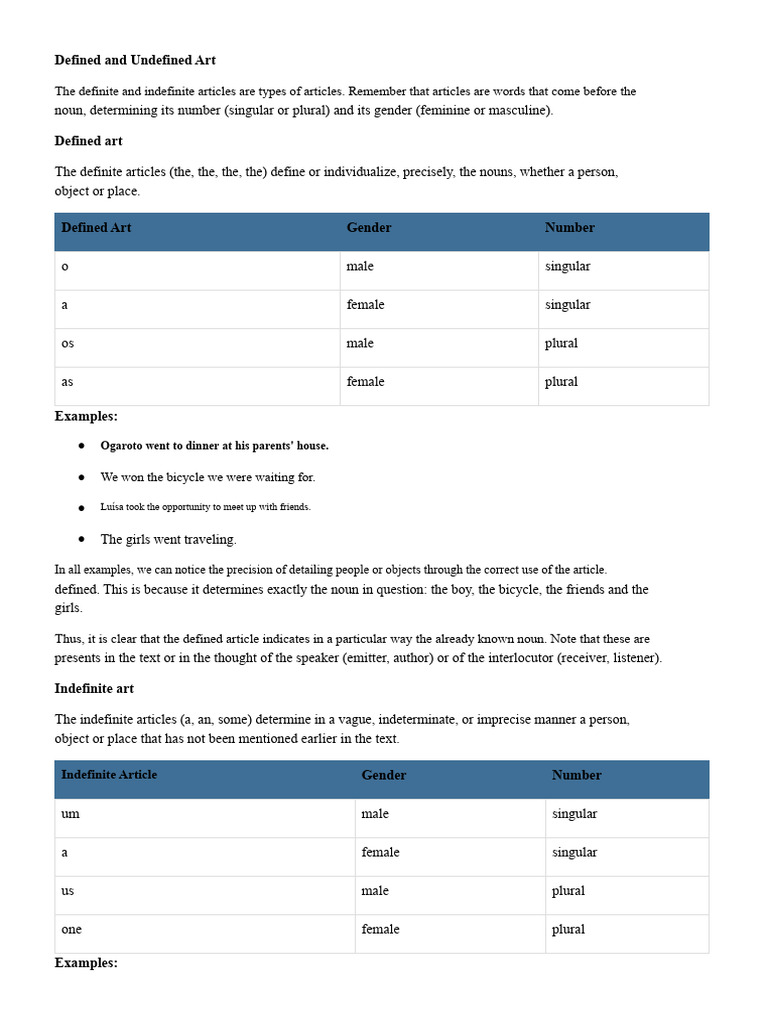 Understanding Defined and Undefined Articles | PDF | Grammatical Gender ...