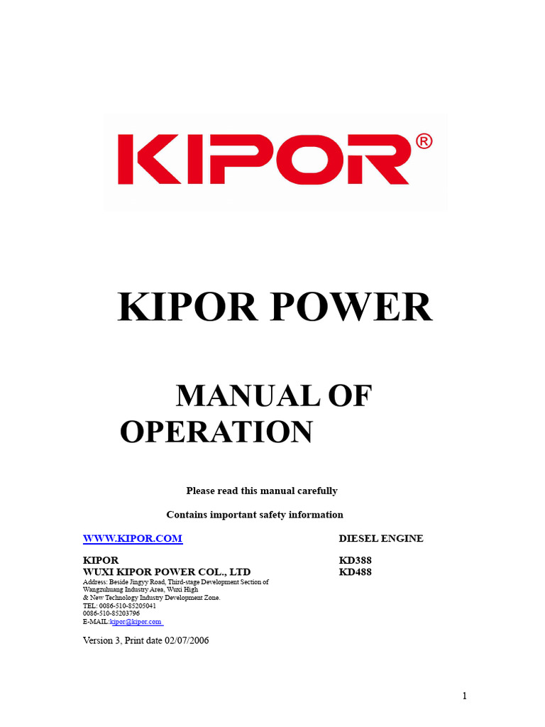 KIPOR KD388/KD488 Diesel Engine Manual | PDF | Fuel Injection | Engines