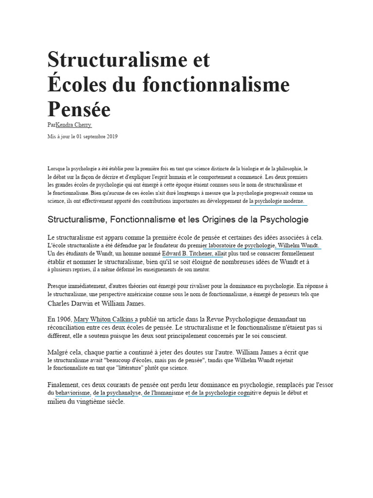 Structuralisme et Fonctionnalisme en Psychologie | PDF | Psychologie ...