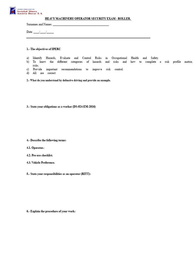 Heavy Machinery Operator Security Exam | PDF