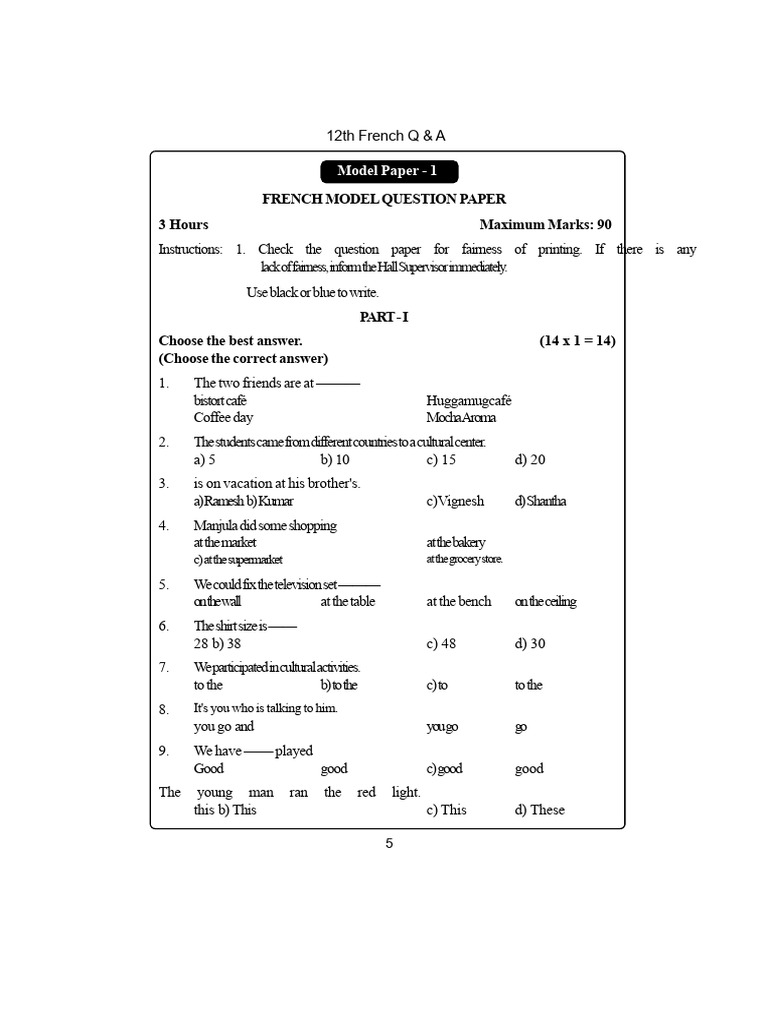 French Q&A Model Paper for 12th Grade | PDF | Linguistics