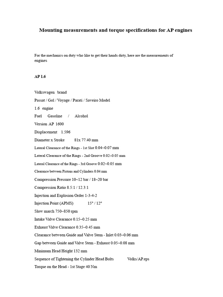 AP Engine Torque Specifications Guide | PDF | Engines | Piston