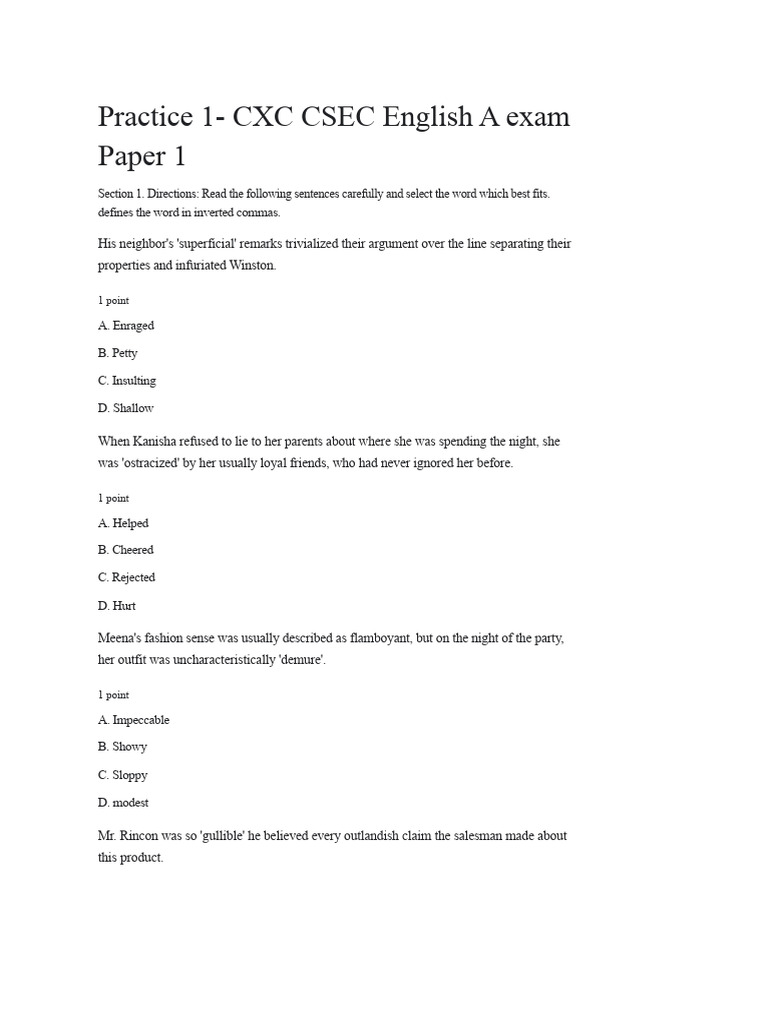 CXC CSEC English A Exam Practice Test | PDF