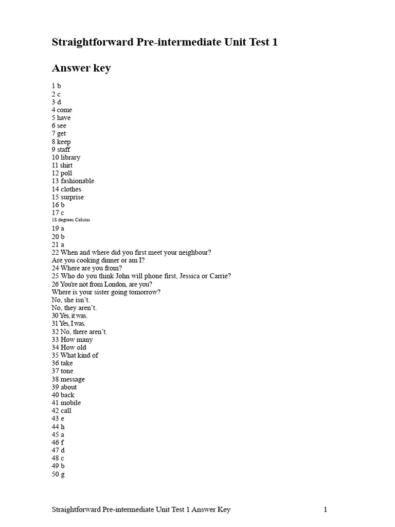 Pre-Intermediate Unit Test 1 Answers | PDF