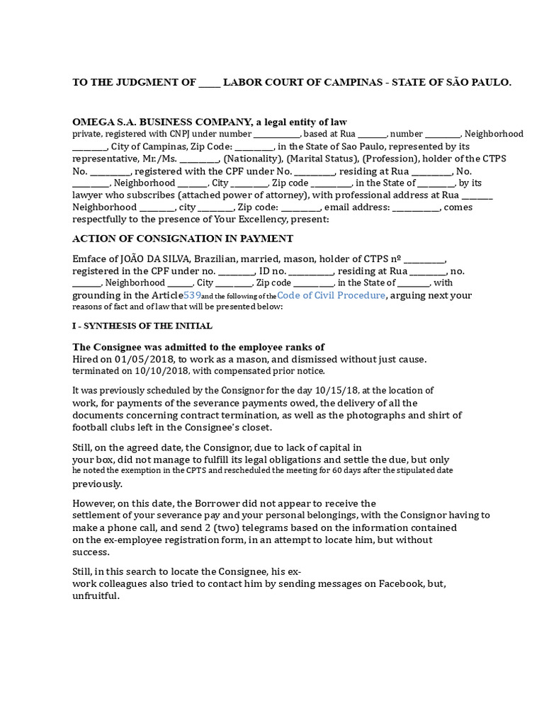 Model Action of Consignation in Payment Labor | PDF | Justice | Crime ...